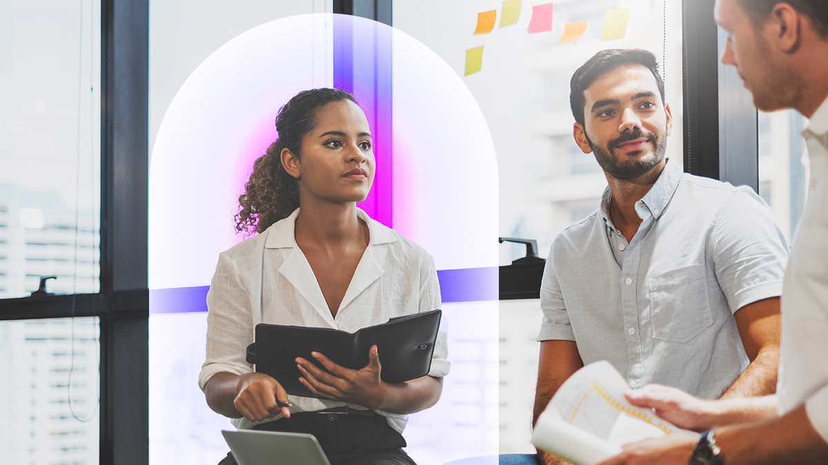 Corporate woman holding a folder and looking at two corporate men